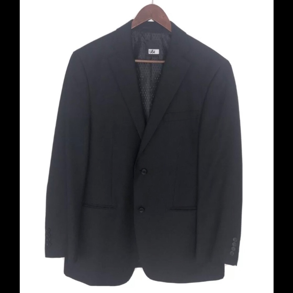 U&I Men’s Solid Black Suit Jacket Sz 42 EUC